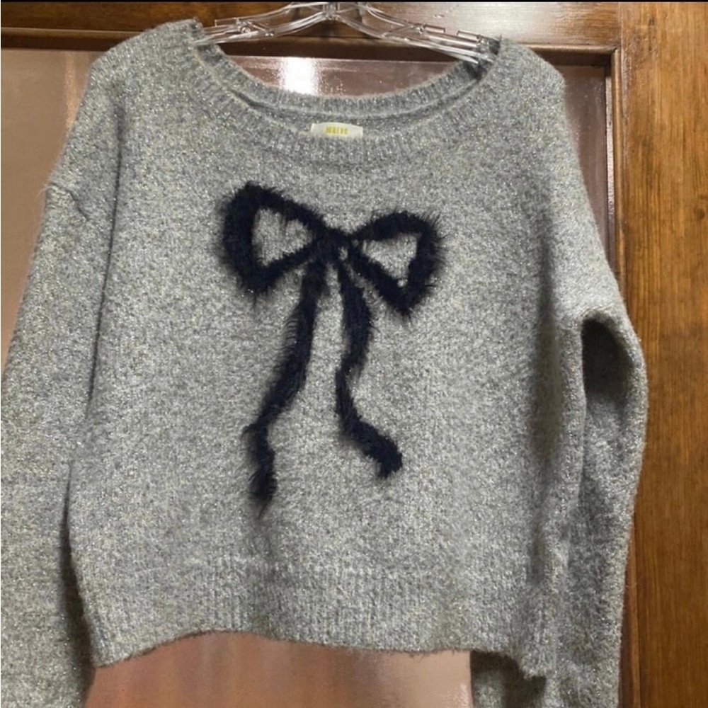 Anthropologie Maeve Gray Black Bow Sweater